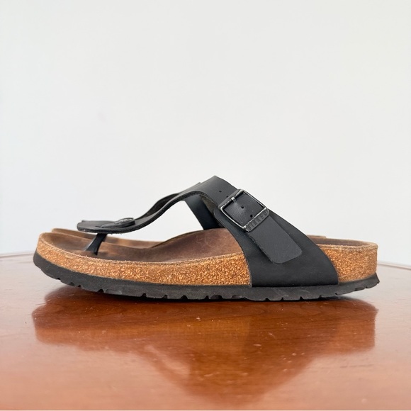 Birkenstock Shoes - Birkenstock Gizeh Black Birko Flor Leather Thong Sandals | EU 38